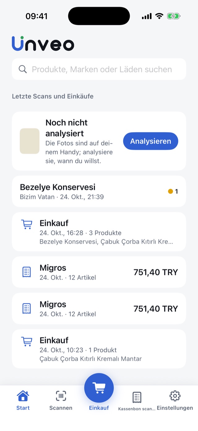 Der Startbildschirm: letzte Scans, Einkäufe und Kassenbons.