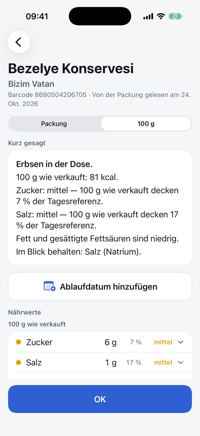 Das Ergebnis einer Konserve: Zucker und Salz mittel, Fett niedrig; die Nährwerte mit dem Anteil an der Tagesreferenz.