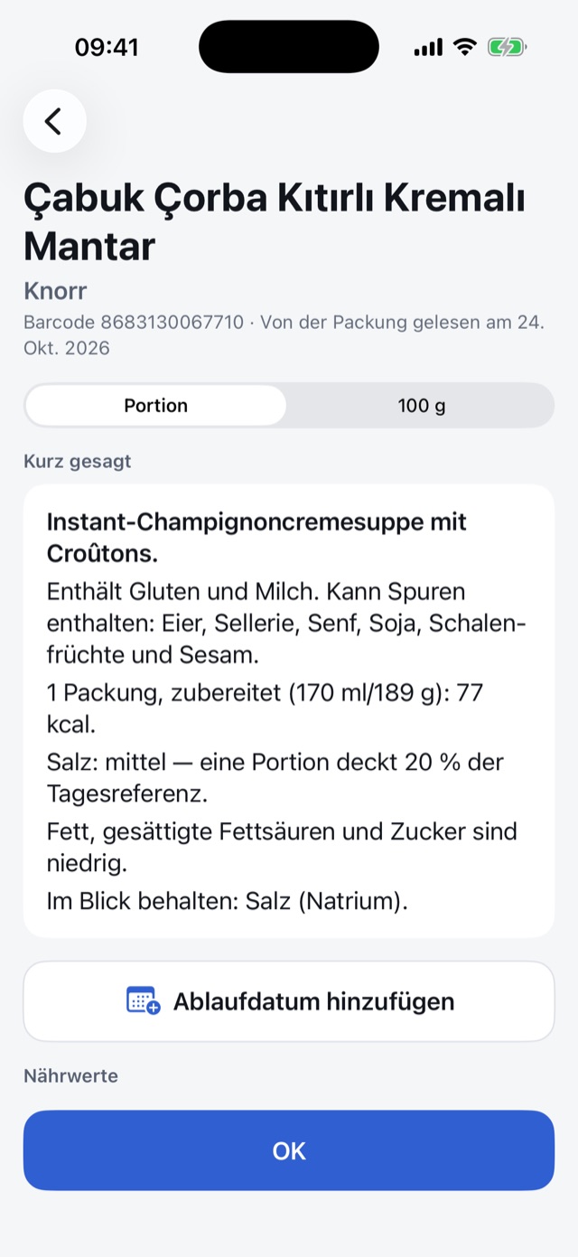 Das Ergebnis einer Suppe in Unveo: enthält Gluten und Milch, kann Spuren von Ei und Sellerie enthalten, Salz mittel.