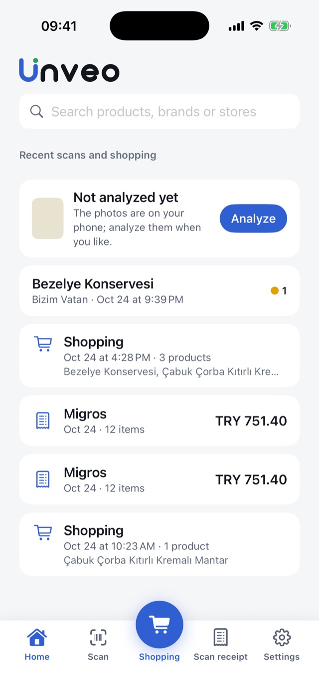 The home screen: recent scans, shopping trips and receipts.