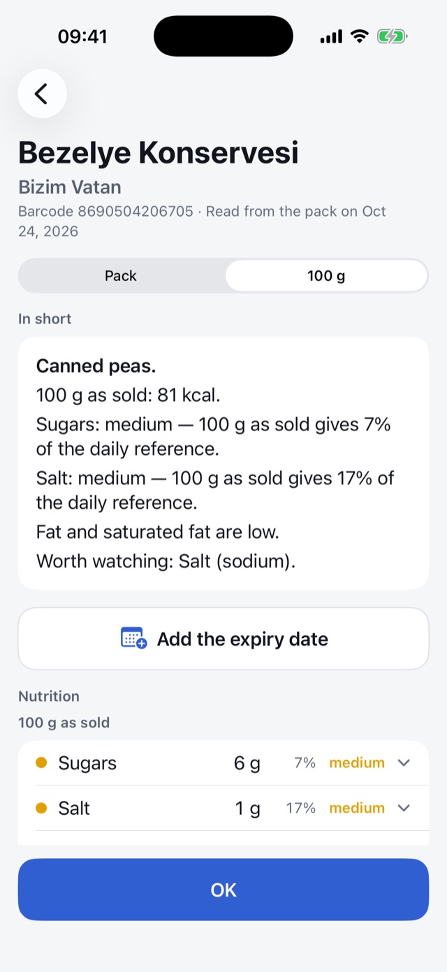 A can’s result: sugar and salt medium, fat low; the nutrition with the share of the daily reference.