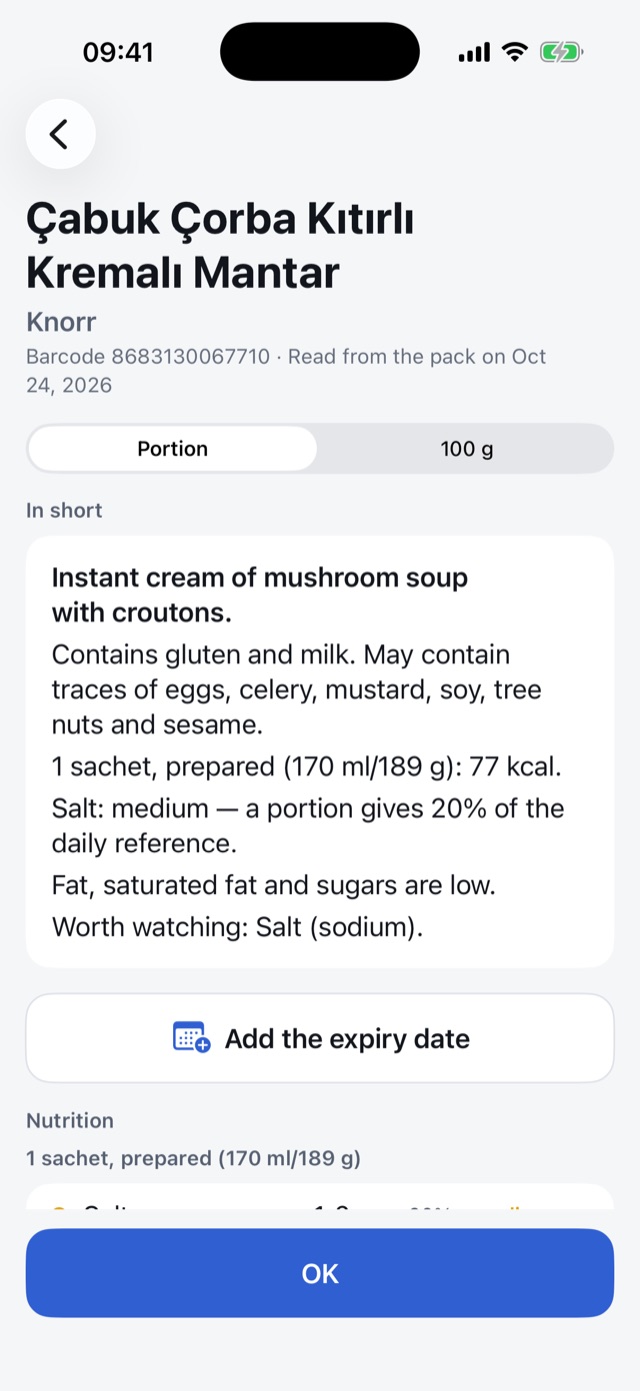 A soup’s result in Unveo: contains gluten and milk, may contain traces of egg and celery, salt medium.