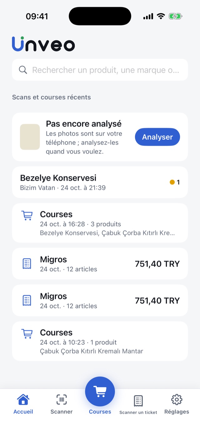 L’écran d’accueil : derniers scans, courses et tickets.