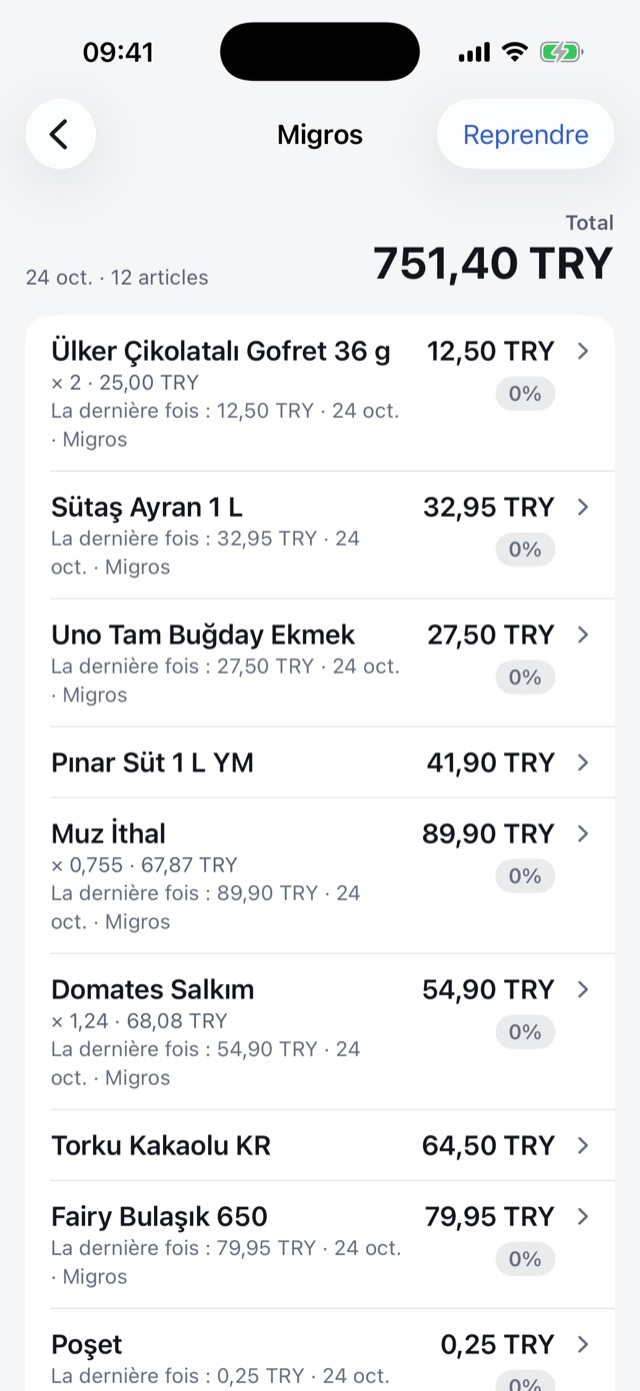 Un ticket de caisse lu : les articles, leurs prix et le prix de la dernière fois.