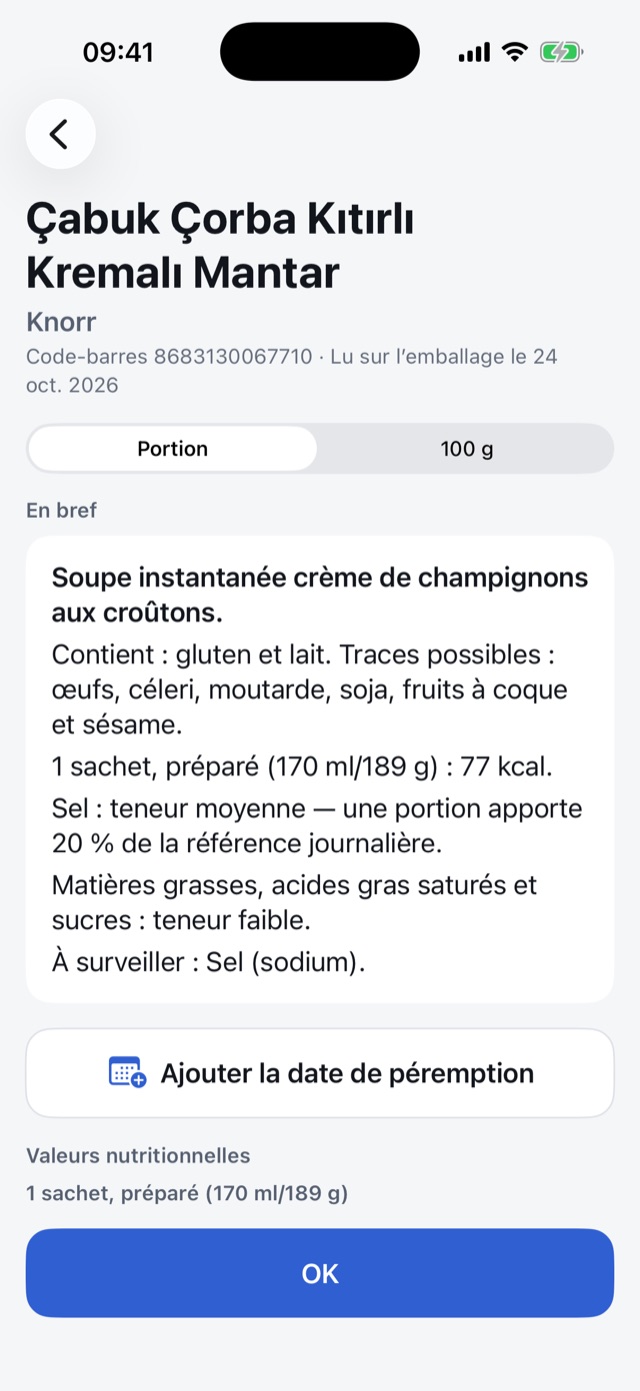 Le résultat d’une soupe dans Unveo : contient du gluten et du lait, peut contenir des traces d’œuf et de céleri, sel moyen.