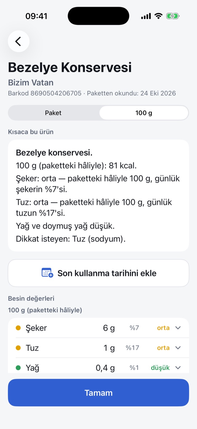 Bir konservenin sonucu: şeker ve tuz orta, yağ düşük; besin değerleri günlük payıyla.