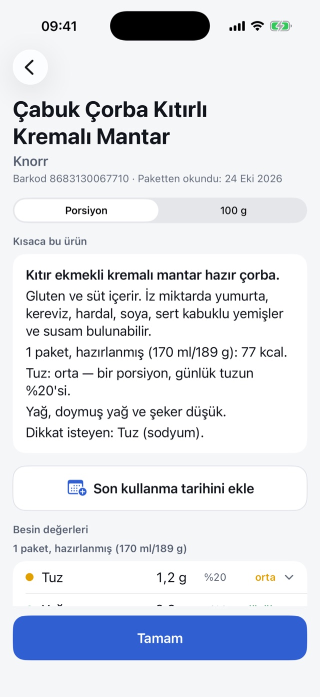 Unveo’da bir çorbanın sonucu: gluten ve süt içerir, iz miktarda yumurta ve kereviz bulunabilir, tuz orta.